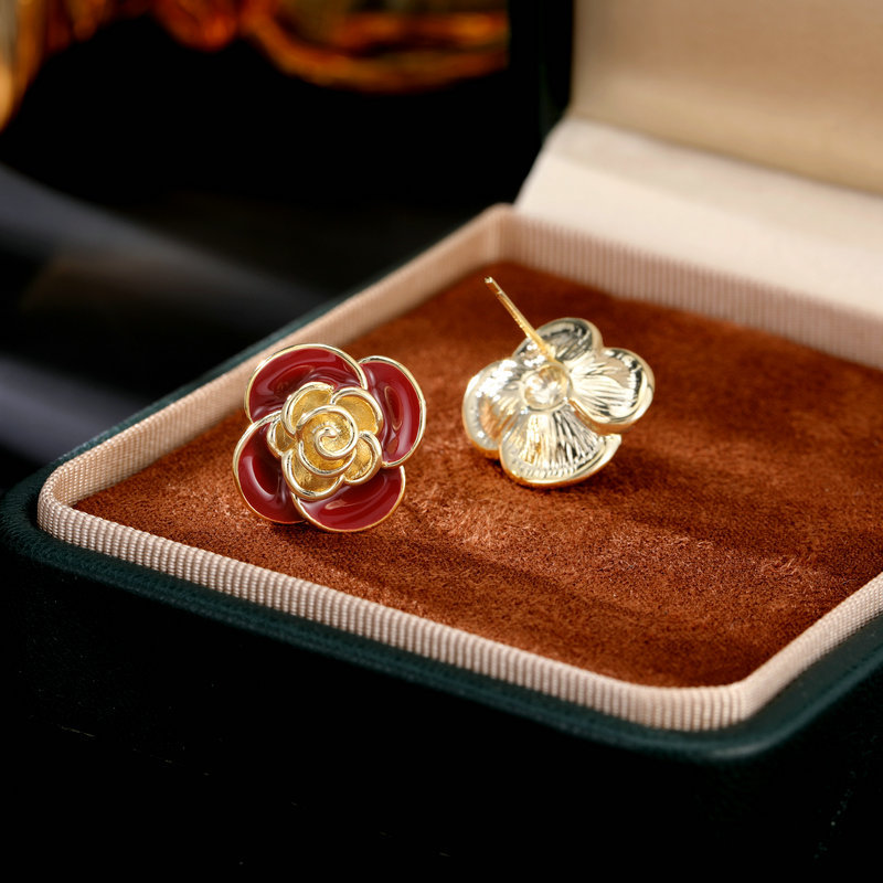 S925 Silver Needle Niche Premium Flower Earrings Ankola Red Camellia Stud Earrings_voghion.com