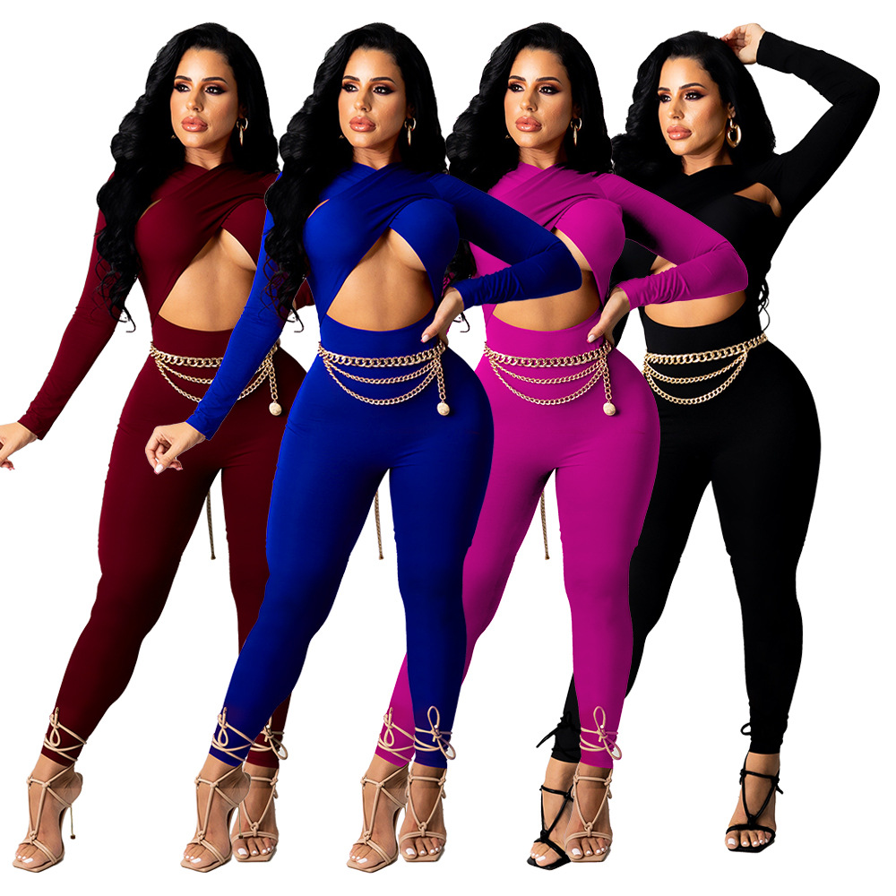 K9963亚马逊速卖通2021秋冬新款欧美跨境性感交叉绑带休闲纯色