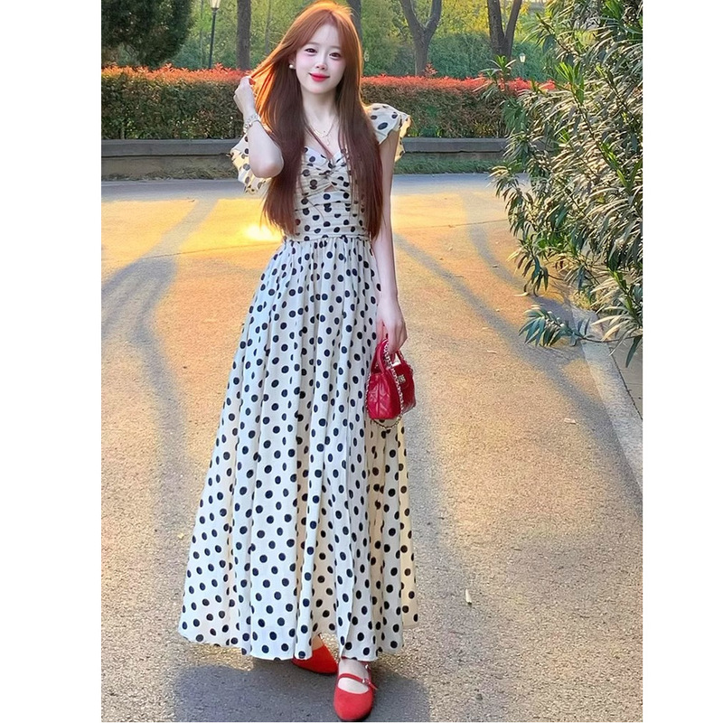 French Resort Style Design, Beautiful Polka Dot Long Skirt for Women 2025 Summer Pure Lust Hottie Pleated Pinch Waist Dress French Resort Style Design, Beautiful Polka Dot Long Skirt for Women 2025 Summer Pure Lust Hottie Pleated Pinch Waist Dress