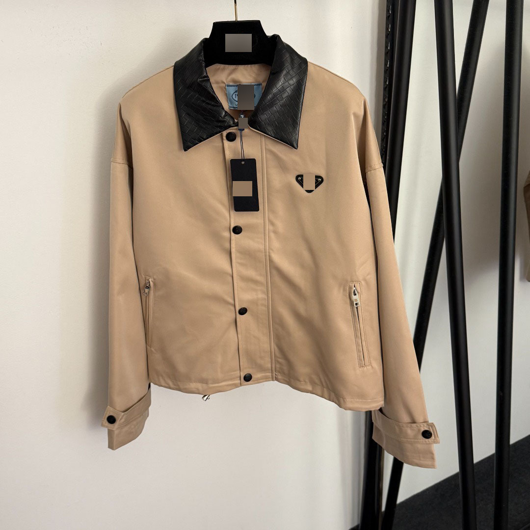 Nanyou New Style Logo Triangle Emblem Decoration Double Zipper Pocket Woven Plaid Patchwork Leather Lapel Long Sleeve Trench Coat
