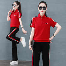 802 紅色立領衛衣休閑女士短袖套裝夏季薄款跑步服減齡運動兩件套