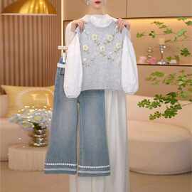 女童甜美立体花朵针织马甲三件套2026春季新款宽松叠穿阔腿裤套装