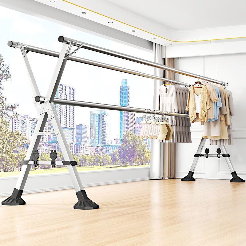 Floor-Standing Foldable Stainless Steel Clothes Drying Rack with Double Rods for Home Indoor Balcony Retractable Balcony Quilt Drying