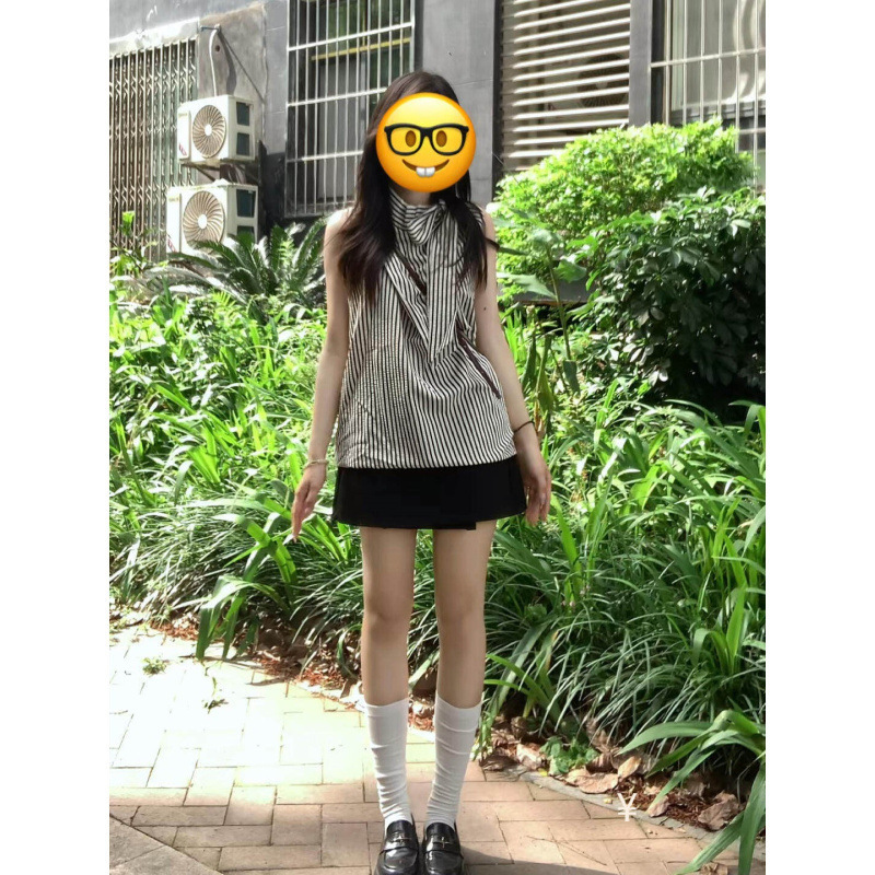 French-Style High-End Retro Striped Tie Shirt for Women, Summer Niche Design with Bow Halter Neck Sleeveless Top