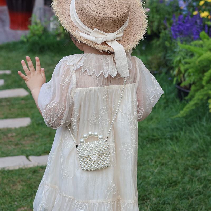 Bolsa de hombro coreana para niñas, gran perla portátil, botón de rosa, mini bolso para niños, nuevo bolso para niños de verano