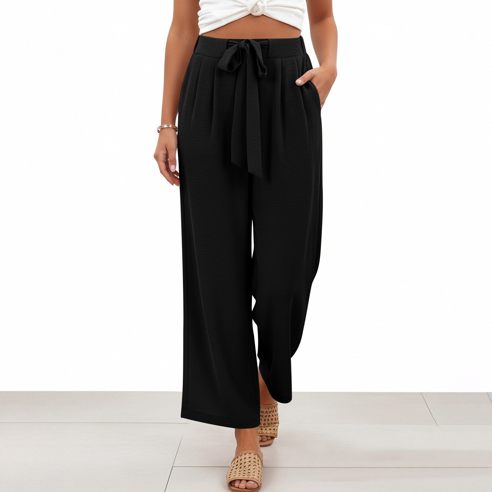 2026 primavera y verano Europa y América transfronterizos Amazon nueve pantalones de color sólido nuevo cinturón de damas pantalones casuales de piernas anchas image 7