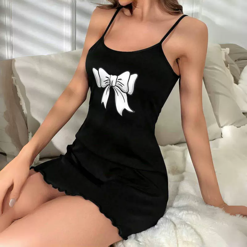 跨境欧美希音亚马逊春夏新款睡裙女式睡衣吊带裙印花蝴蝶结案舒适