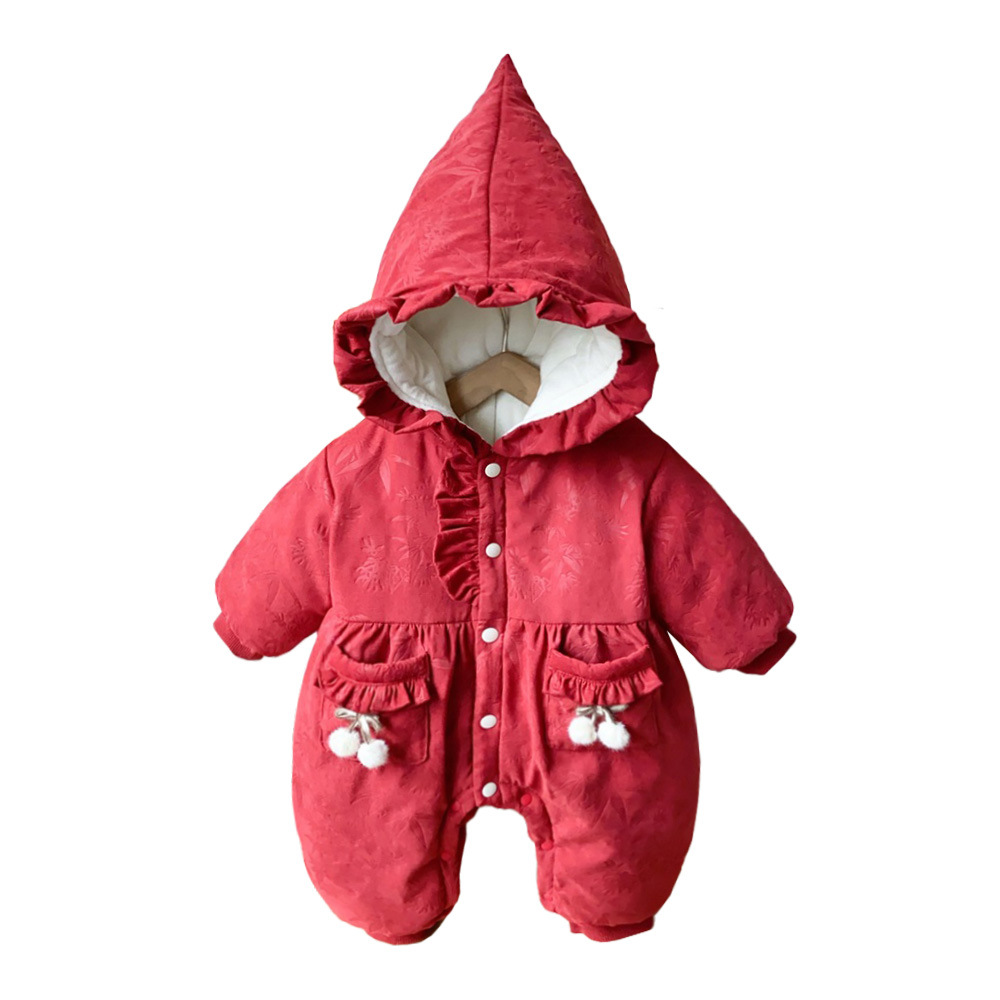 2024 nuevo producto de invierno mono de bebé lindo bolsillo de cereza grueso cálido y cómodo vestido de salida con capucha mamelero