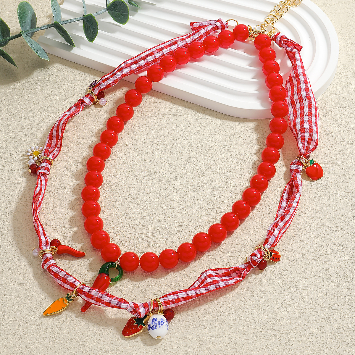 All Seasons Season Cute Modern Style Cherry Fruit Carrot Alloy Plastic Bandana Silk Scarf Cord Beaded Chain Lobster Trigger Clasp Closure Pendant Necklaces Wholesale