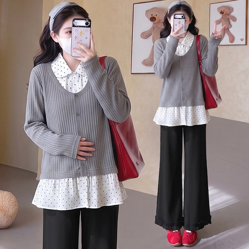 Maternity top for spring and autumn, featuring a patchwork design, a faux two-piece look, a pullover style, and a doll collar, available in plus sizes