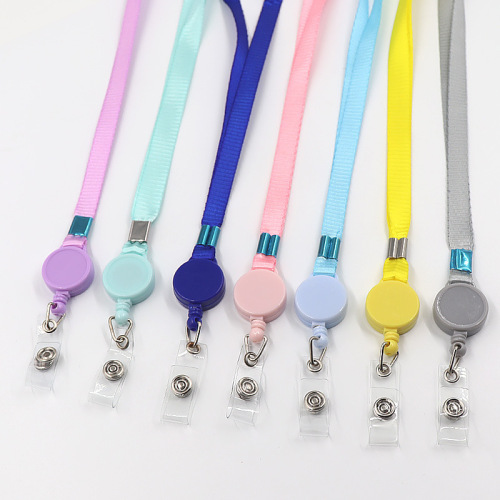 Telescopic easy-pull buckle long lanyard polyester solid color thin long rope work permit campus card holder document holder lanyard