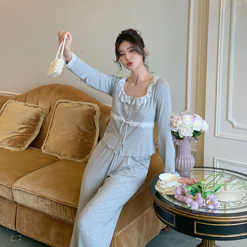 法式睡衣女胸垫新款棉质高级感长袖长裤甜美套装可外穿家居服|undefined
