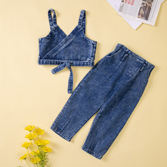Trendy Cowboy Set 2023 Summer New Girl's Casual Clothes Strappy Top and Pants Two-Piece Set 221031