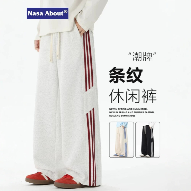 NASA ABOUT American-style trendy men's sports pants, loose-fit, straight-leg, striped patchwork design, versatile casual long pants for autumn and spring