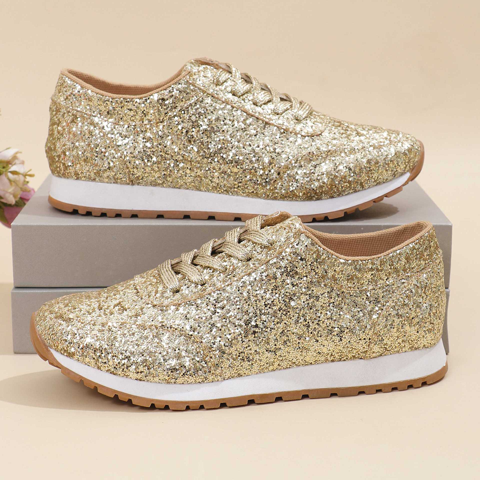 Beautiful Sequin Lace-up Flat Casual Sports Single-layer Shoes Women - VAleG