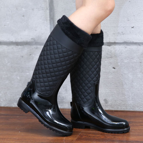 水鞋热销厂家批发女式高筒菱形格子时尚保暖内胆加厚休闲防滑雨鞋