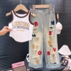 Summer set, uniform, fashionable T-shirt, jeans with letters, suitable for teen