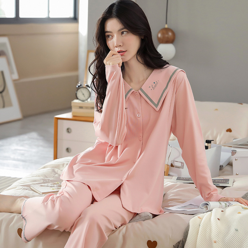 Maternity Pajamas for Women, Cotton Spring and Autum Long-Sleeved Cardigan, Doll Collar, Side Opening, Breastfeeding, Breathable Double-Sided Cotton Confinement Clothes