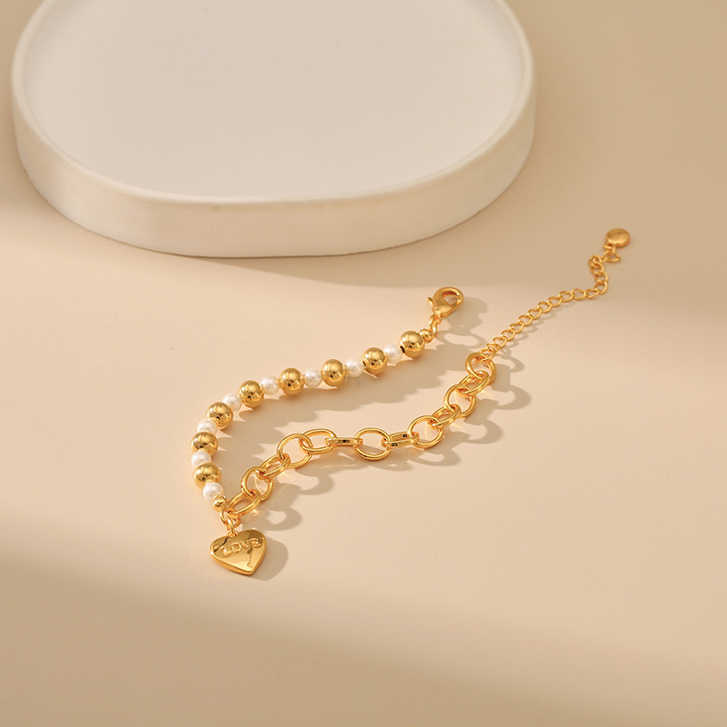 Sweet Letter Heart Shape Copper Beaded Pearl Plating Bracelets 1 Piece