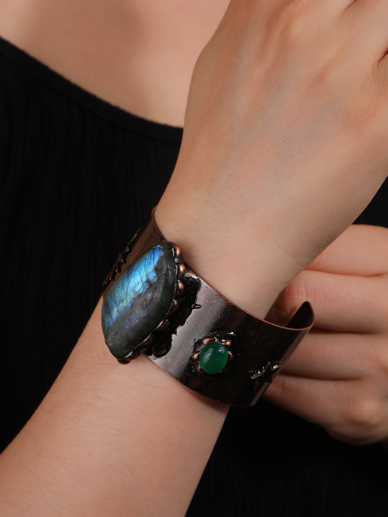 Labradorite Inlay Material Bangle Classification Wholesale Jewelry Retro Geometric Sun Copper Labradorite Handmade Inlay Bangle
