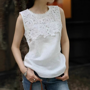 European new custom linen fabric embroidery stitching thin age-reducing all-match feminine vest top