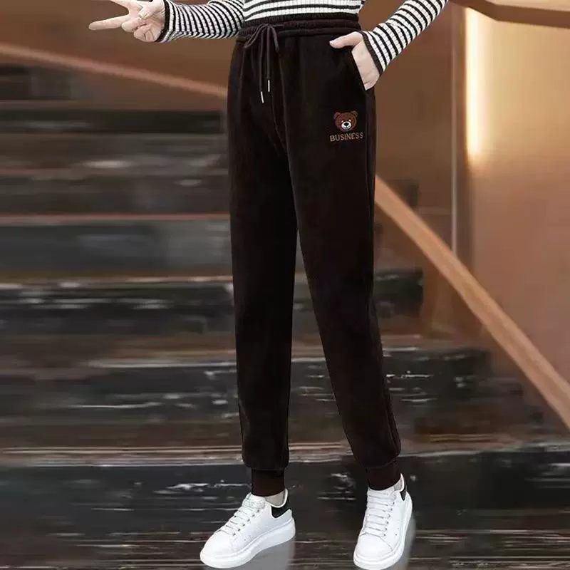 2024秋款裤子女束脚裤显瘦休闲裤冬季加绒哈伦裤运动百搭小熊卫裤