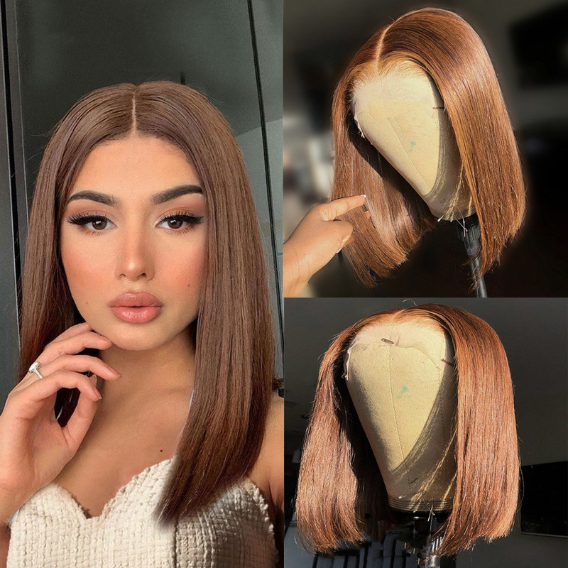 Cross-Border Bob Wigs European and American Women's Short Straight Hair Bob Wig Front Lace Short Straight Hair Wig Chemical Fiber Full Headgear
