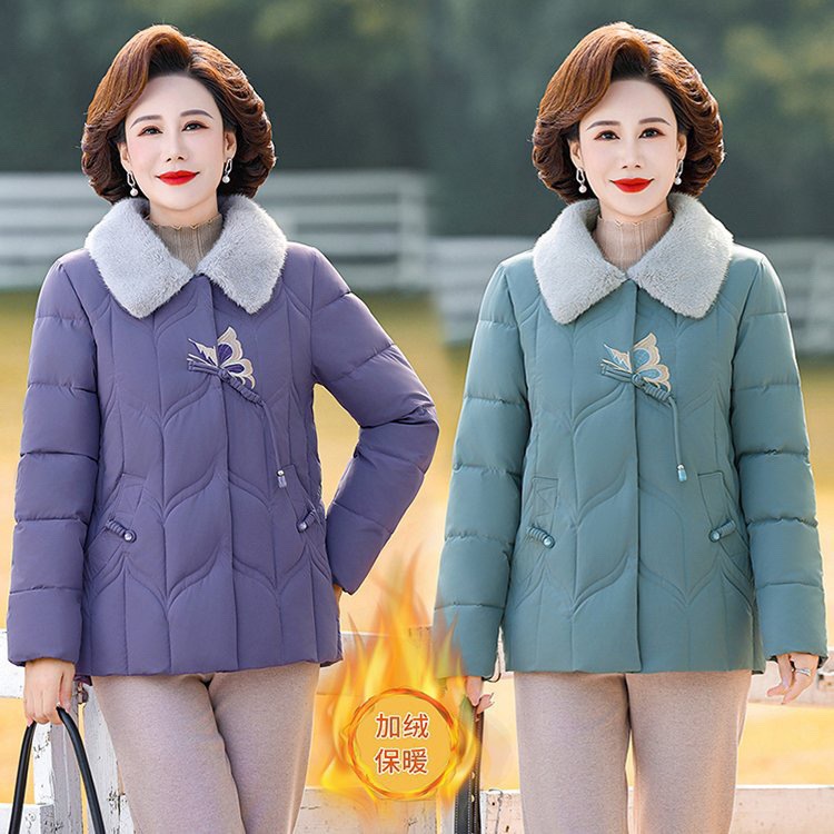 어머니의 서양식 작은 코튼 코트 뒤집힌 울 칼라 여성 기모 중년 및 노인을위한 두꺼운 코튼 코트 가을 및 겨울 다운 코튼 코트