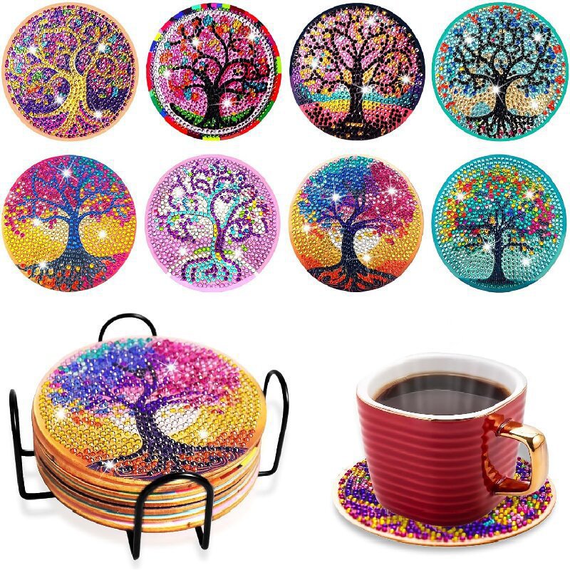 Ventas transfronterizas calientes de 8 piezas de conjunto de cojín de taza de arte de diamante, con soporte, pequeño conjunto de pintura de diamante, adecuado para adultos