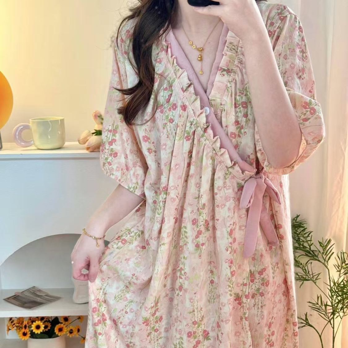 Yunduo Cotton Nightgown for Women Summer Monet Garden Student Sweet Short-Sleeved Mid-Length Nightgown Loose Large Size Can Be Worn Outside