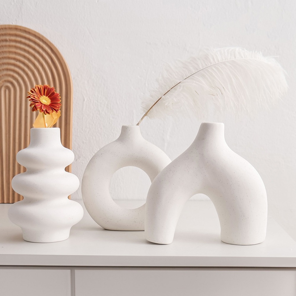 Jarrones Decorativos de Cerámica, Juego de 3 Piezas, Porcelana Blanca, Diseño Geométrico, para Decoración del Hogar