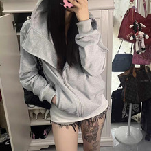 极简风设计黑色连帽卫衣女辣妹街头修身斜拉链翻领灰色外套上衣