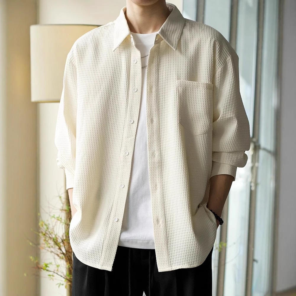 Chaqueta de solapa de waffle chaqueta de hombre primavera estilo coreano guapo de alta gama ropa de trabajo casual camisa de hombre de moda