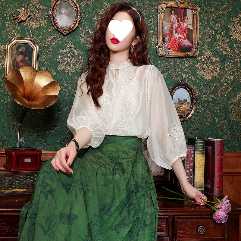 Вышитый топ в сочетании с юбкой Mamian, весенне-летняя рубашка в китайском стиле, женская новинка 2025 года, китайская рубашка + комплект юбки Mamian