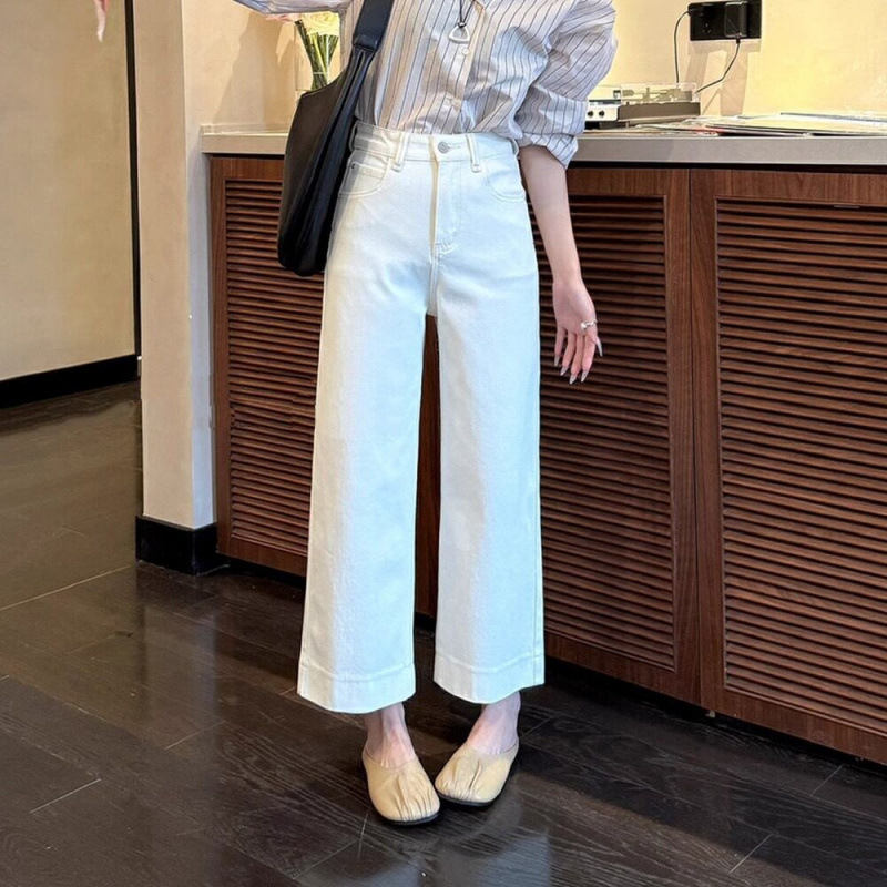 White Jeans for Women, 2026 Spring/Summer New Style, Petite Loose Fit, Slimming Narrow Straight-Leg Cropped Wide-Leg Pants