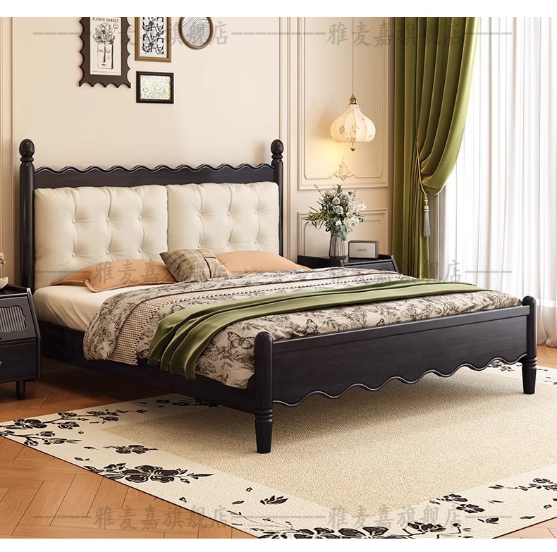 Cama de madera maciza de estilo crema medieval cama doble francesa Windsor dormitorio principal moderno simple nube pequeña casa