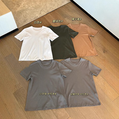 022201春夏新作レディース四色クラシック丸首コットン純色百合シンプルカジュアル半袖tシャツ
