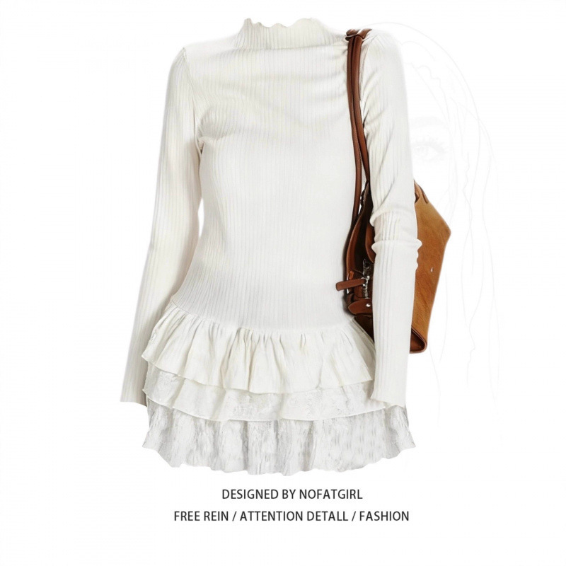 Korean Style Pure Desire Half-High Collar Long-Sleeve T-Shirt for Women, Autumn and Winter Multi-Layer Lace Layered Slim-Fit Base Layer Top