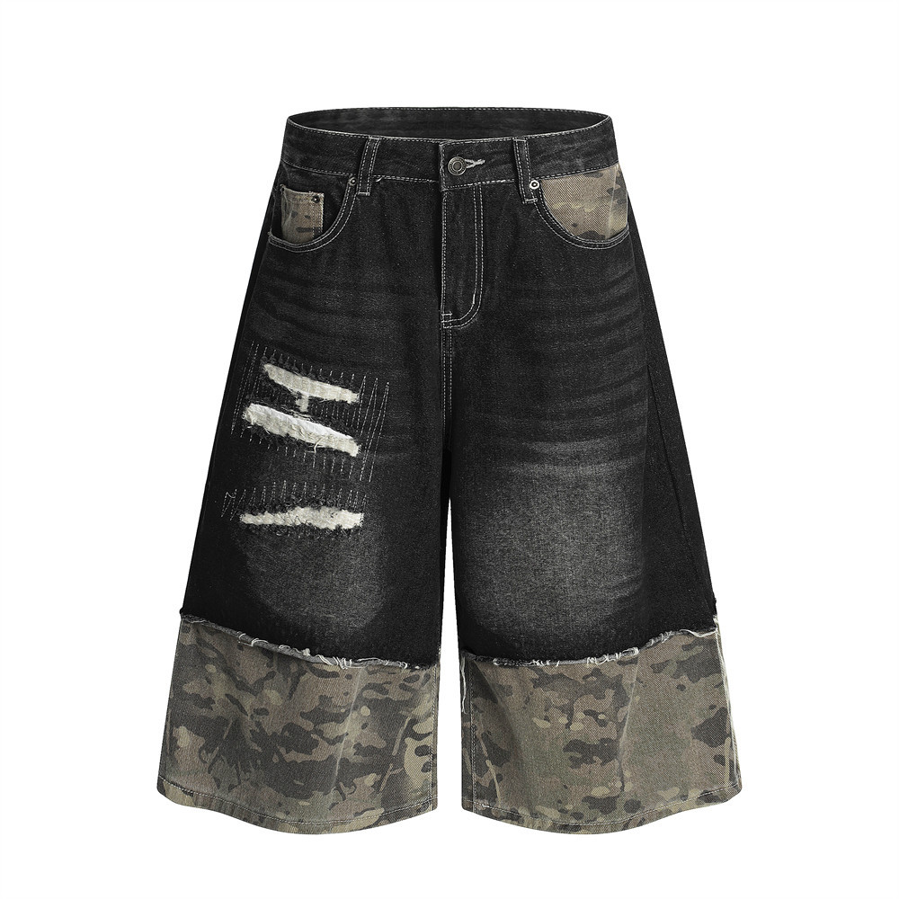 Pantaloncini di jeans camo patchwork da uomo effetto distressed_voghion.com