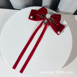 Cross-border French Retro Lolita Lolita Black Bow Tie Velvet Pearl Shirt Brooch Accessories