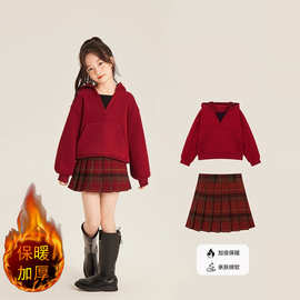 女孩连帽假两件卫衣格子短裙套装中大童秋冬款加绒撞色连帽两件套