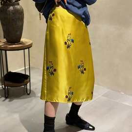26春夏精致轻奢郁金香印花桑蚕丝半裙高腰立体压褶真丝小A字裙24