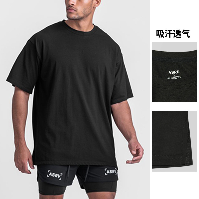 夏季男士t恤美式青年宽松型男t恤短袖下摆开叉速干透气运动打底衫