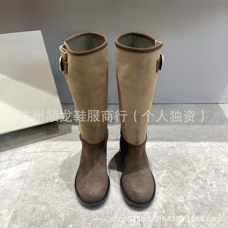 高版小众新款真皮拼接麂皮圆头复古皮带扣高筒骑士靴不过膝长靴女|undefined