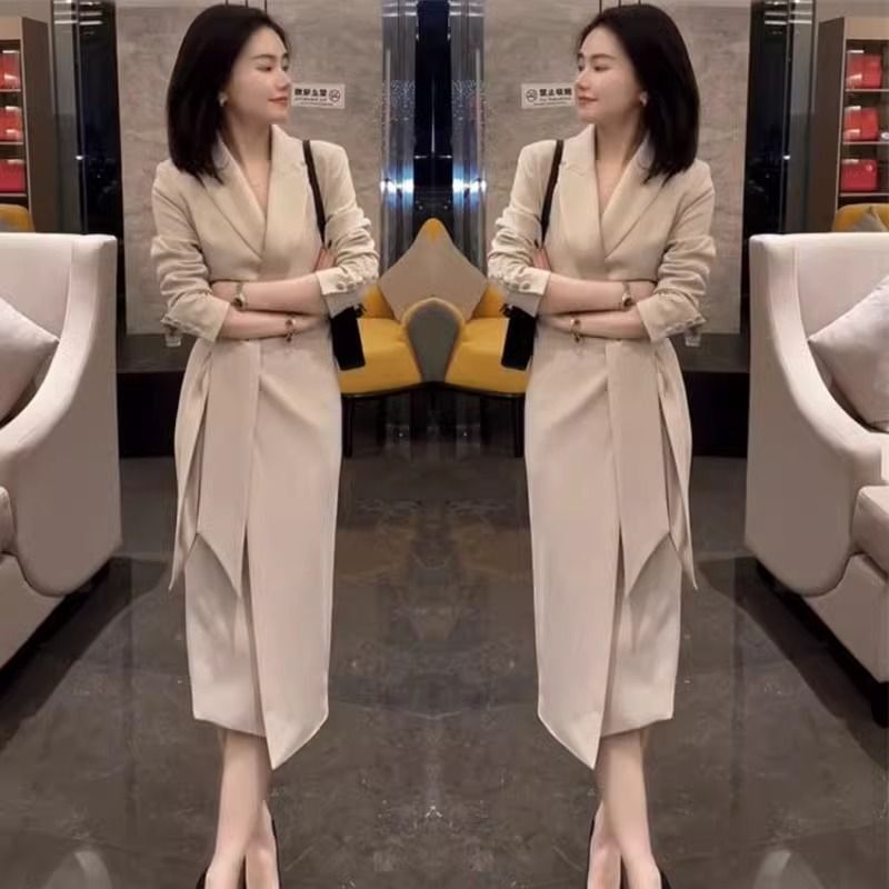 网红爆款时尚连衣裙女2025秋季款气质轻奢职业收腰系带显瘦西装裙|undefined