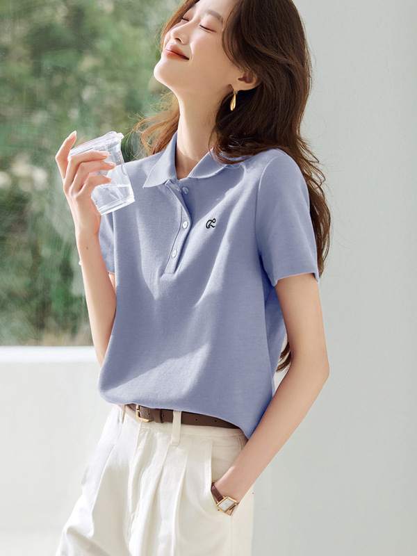 コントラストカラー刺繍半袖ポロカラーシャツレディースTシャツ夏甘い年齢軽減気質ラペルポロシャツトップ|undefined