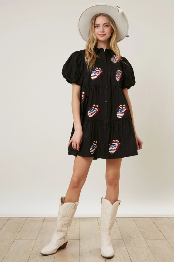 Women's Regular Dress Vacation Shirt Collar Sequins Short Sleeve Mouth American Flag Above Knee Daily display picture 5