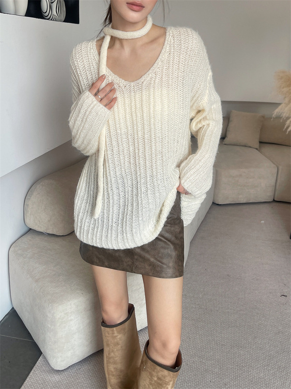【实拍】飘带羊毛针织衫V领毛衣女宽松气质上衣春秋季薄款慵懒风|undefined
