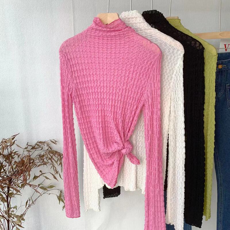 Real Shot Super Soft Elastic Base Shirt Lace Solid Color High Neck with Thin Mesh Pleated Long Sleeve T-shirt Women's ins Real Shot Super Soft Elastic Base Shirt Lace Solid Color High Neck with Thin Mesh Pleated Long Sleeve T-shirt Women's ins