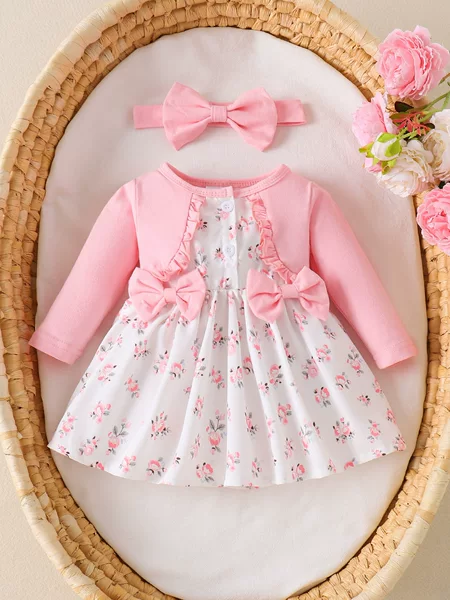 Cute Little Floral Long-Sleeved Vest with Lace and Bowknot Design for Baby Girls, Plus a Bowknot Headband